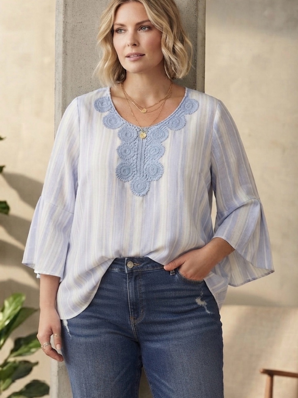 Zac Rachel Plus Size Striped Crochet Tunic Top 3X Relaxed Boho Chic Blue
 White